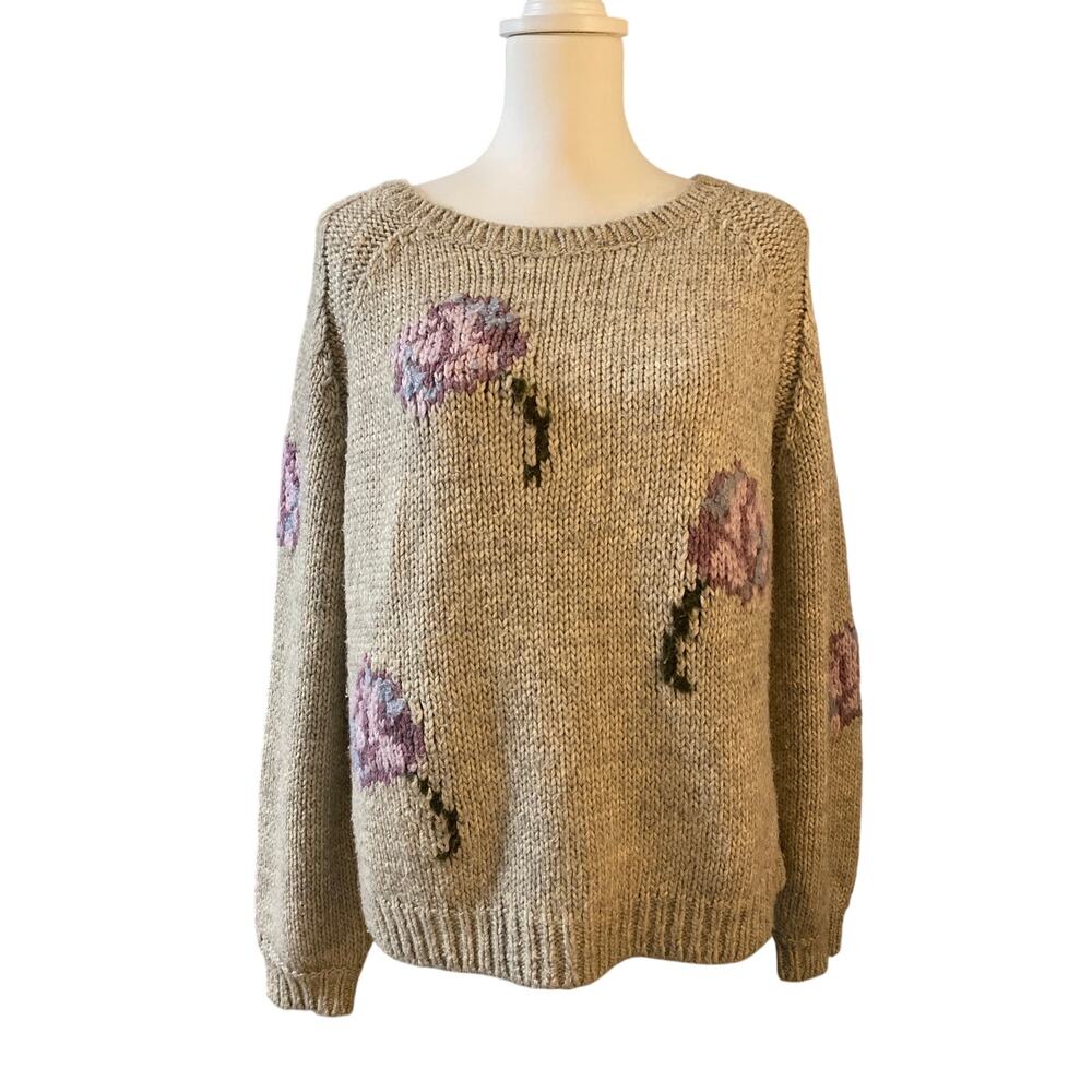 La Vie Rebecca Taylor Chunky Knit Wool Blend Floral Flower Sweater Medium Gray